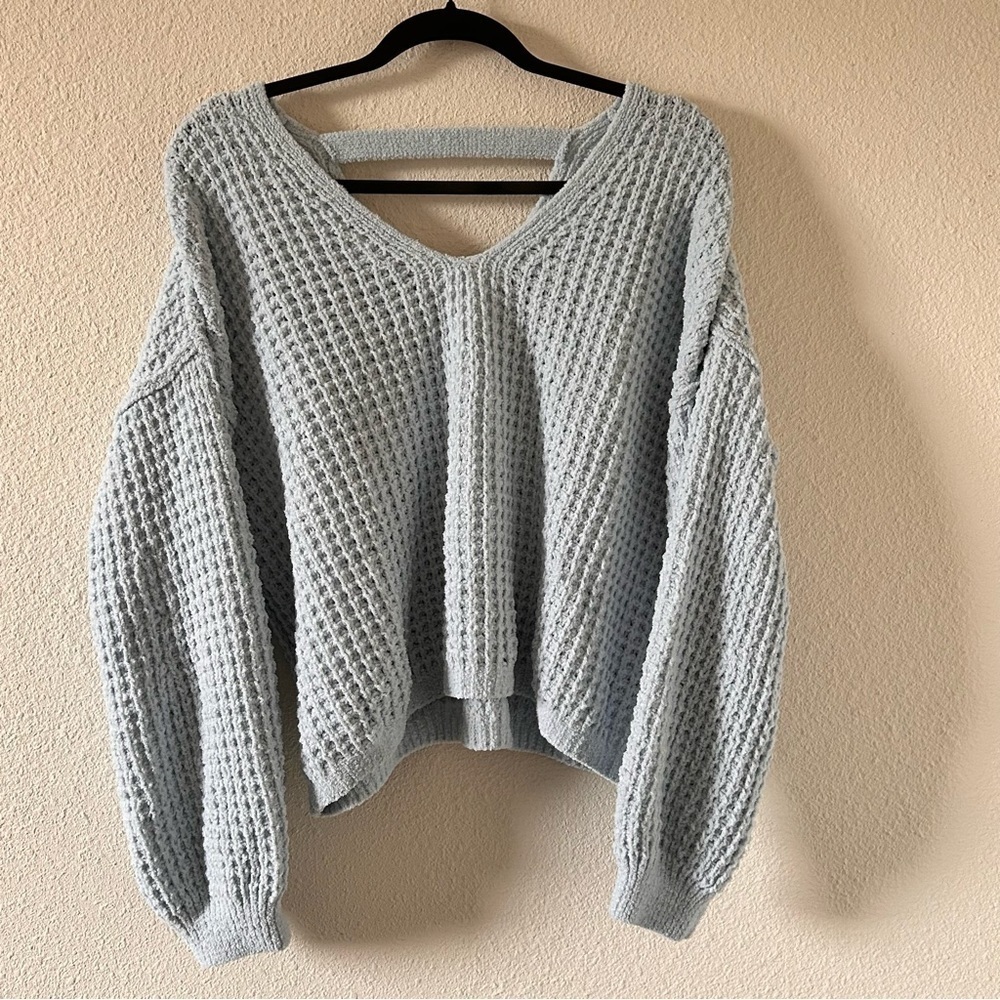 Pink Republic Crop Knit V-neck balloon sleeve Sweater Light Blue Women Sz XL